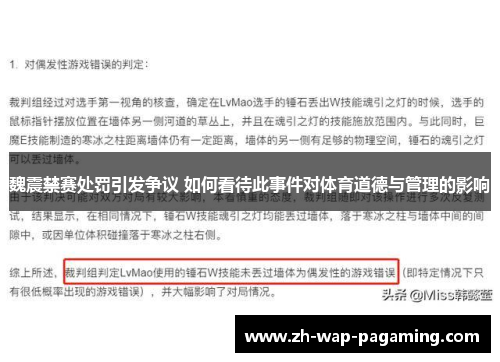 魏震禁赛处罚引发争议 如何看待此事件对体育道德与管理的影响