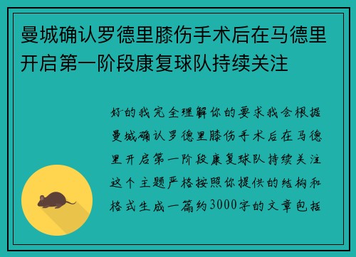 曼城确认罗德里膝伤手术后在马德里开启第一阶段康复球队持续关注